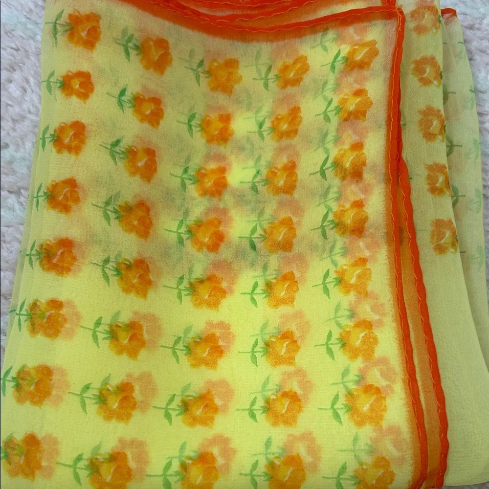 Yellow Floral Silk Scarf with Orange Trim - Women's Accessory